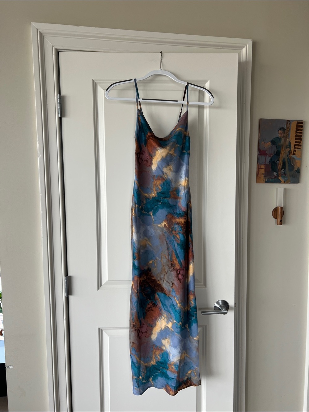Satin Tie-Dye Slip Dress in Blue & Gold